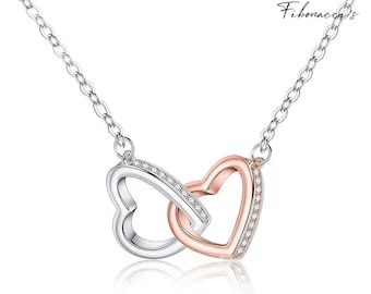 Collana con ciondolo a forma di cuore doppio intrecciato scintillante in argento sterling 925 e oro rosa
