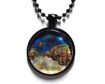 Detroit Lakes, Minnesota, DL, Winter night lights, downtown, Glass Tile Pendant Necklace Circle