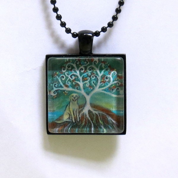 Yellow Labrador Spiritual Tree of Life painting Art Glass Tile Pendant Necklace