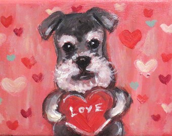 Schnauzer painting, original art, Schnauzer love, hand painted schnauzer, gift for friend, love heart, whimsical dog art by Angie Ketelhut