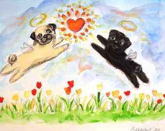 Pug original painting, Hand painted Pug Angel, gift for friend, pug loss, pug wall decor, pug love, Whimsical dog art, ooak, pug memorial