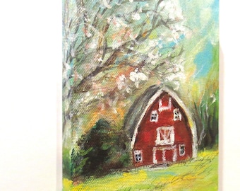 Red Barn, gift for friend, country decor, barn original painting, country painting, peaceful scene, 7 x 5, acrylic by Angie Ketelhut