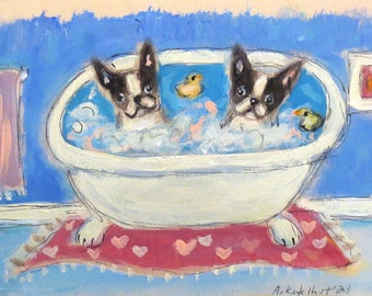 Boston Terrier original painting on wood panel, gift for friend,  7 x 5 inches, clawfoot bathtub, whimsical art, ooak, petartbyangie