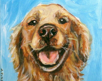 Golden Retriever original painting, pet portrait, wall decor, doglover gift, happy dog artwork, hand painted, acrylic on canvas