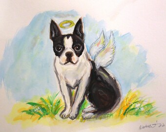 Boston Terrier angel original painting, Boston Terrier watercolor, gift for friend, Boston Terrier decor, Whimsical art, ooak, petartbyangie