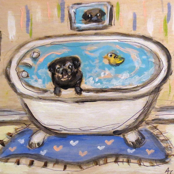 Wooden Dog in Bathtub Wall Art Etsy
