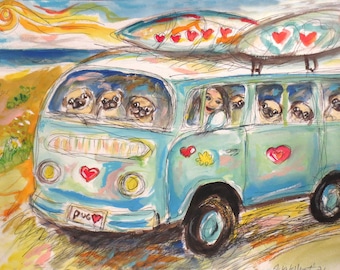 Custom Dog original painting, happy car ride, gift for friend, love, Sunset Summer vibes, Whimsical hippie, unique artwork by Angie Ketelhut