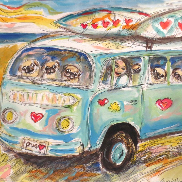Custom Dog original painting, happy car ride, gift for friend, love, Sunset Summer vibes, Whimsical hippie, unique artwork by Angie Ketelhut