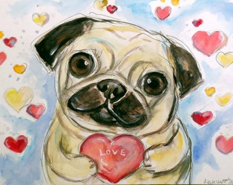 Pug original painting, ooak, petartbyangie, gift for friend, puglover gift, hand painted pug, pug love, Whimsical art by Angie Ketelhut