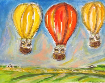 Pug original painting, hand painted pug, ooak, petartbyangie, hot air balloon rides, Whimsical artwork by Angie Ketelhut