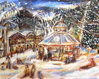 Leavenworth WA original painting, Christmas lights, winter scene, gift for friend, home decor, Christmas town, acrylic on canvas