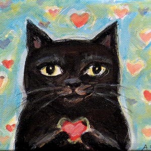 Black Cat Original painting, Valentine, gift for friend, catlover gift, cat eyes, acrylic on canvas, 7 x 5 by Angie Ketelhut