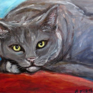 Grey Cat painting, Cat original, gift for friend, catlover gift, cat wall decor, cat portrait, whimsical cat by Angie Ketelhut