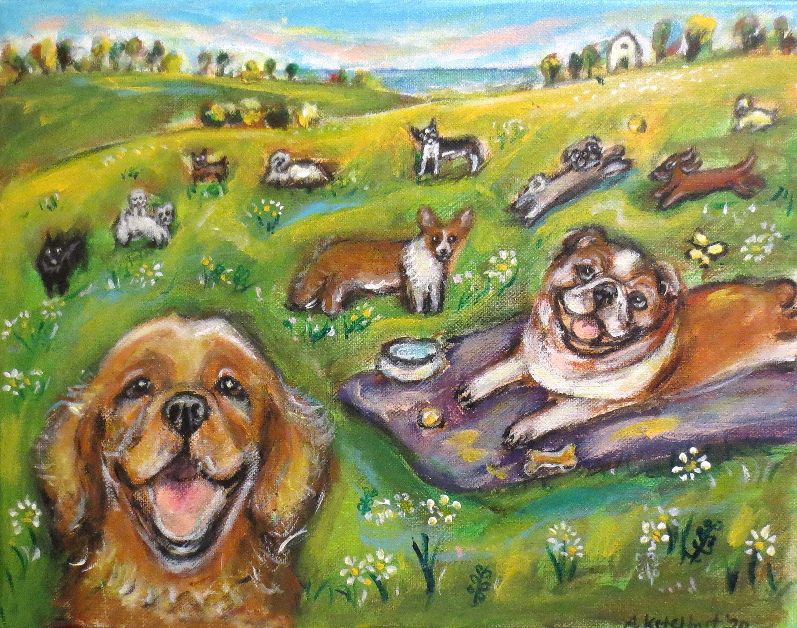Dog Heaven Original Painting Dogs Playing Bulldog Golden