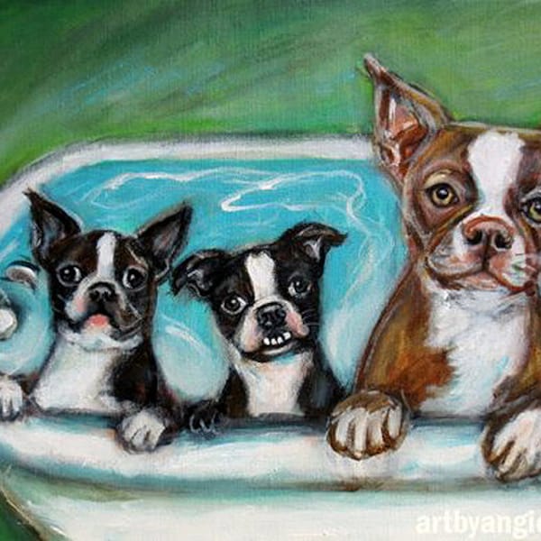 Custom Dog painting, pet portrait from photo, gift for friend, doglover gift, dog in bathtub, bathroom decor, original art, unique gift