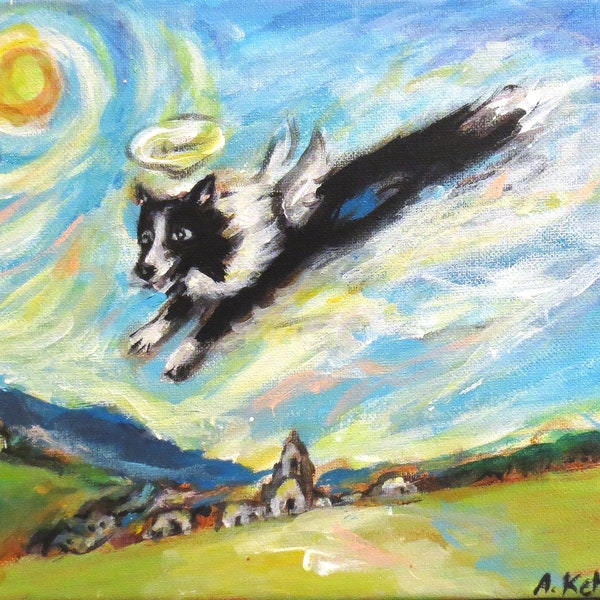 Border Collie painting, Border collie angel, dog angel, gift for friend, angel flies free, ooak, petartbyangie, whimsical dog art