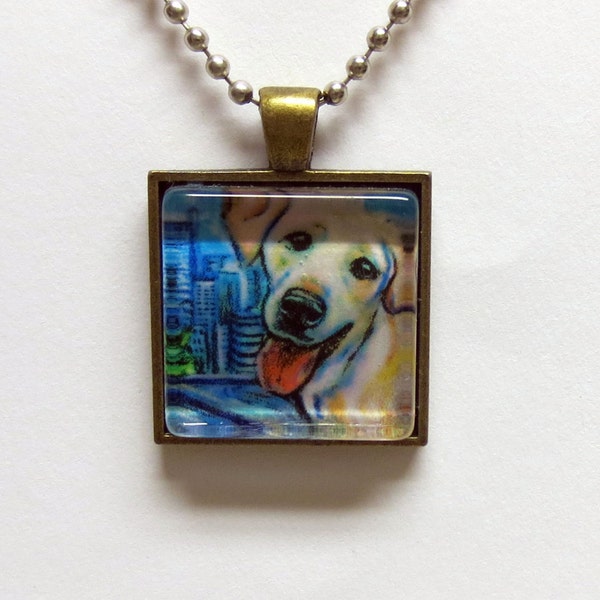 Cute Yellow Labrador smile painting Art Glass Tile Pendant Necklace