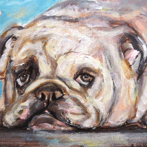 English Bulldog original painting, gift for friend, bulldog decor, birthday gift, white bulldog painting, unique artwork by Angie 7 x 5