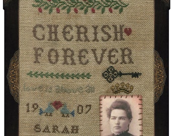 Patrón de muestrario de colegiala primitiva en punto de cruz (PDF). Estilo antiguo. Foto antigua. Descarga para imprimir por Hickety Pickety.