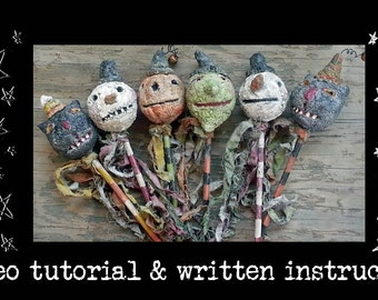 Online Video Tutorial With PDF epattern Paper Mache Primitive Halloween Christmas Ornaments Rattle Wands Hickety Pickety