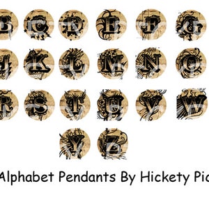May include: A set of 26 round pendants featuring a gothic alphabet with each letter in a unique ornate design. The pendants are on a beige background.