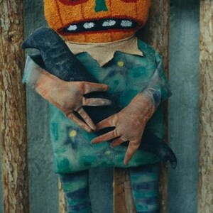 May include: A handmade pumpkin-shaped doll with a green nose, orange face, and white teeth. The doll is wearing a blue and green patterned dress, brown shoes, and is holding a black bird.