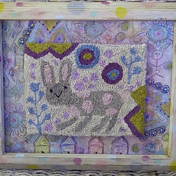 Punch Needle Pattern Primitive Whimsical Rabbit Mixed Media Canvas Video Tutorial Spring Art Print Journal Page Hickety Pickety