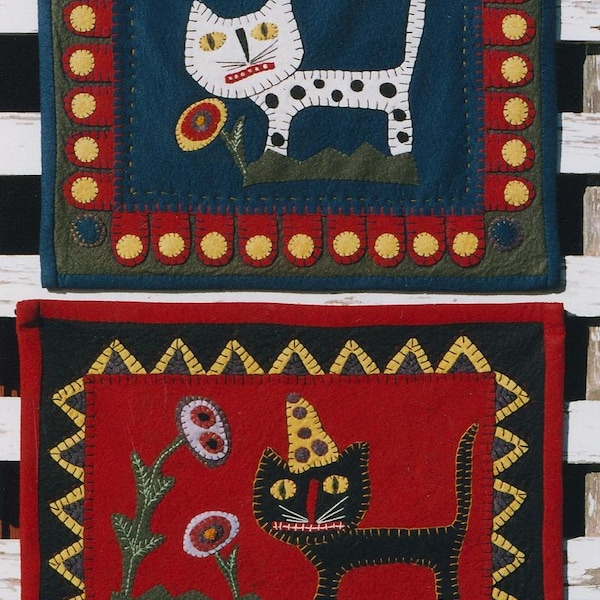 Miniature Quilt Pattern EPattern Cat PDF Cats Flowers Wool Felt  Penny Rug Wall Hanging by Hickety Pickety AS18