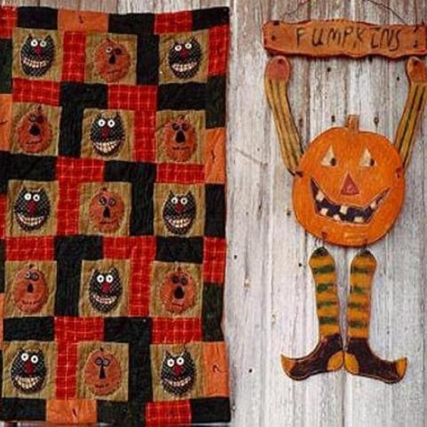 Primitive Halloween Quilt  Pattern EPattern  PDF Wood JOL Pumpkin Door Hanger Black Cats Folkart Folk Art  Hickety Pickety 069