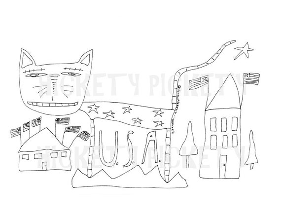 Download Items similar to Primitive Stitchery Pattern Cat Americana Patriotic Punch Needle Embroidery ...
