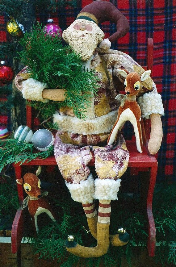 PATTERN Primitive Black Doll w// Christmas Santa Claus Hat /& Snowman Angel Ornie