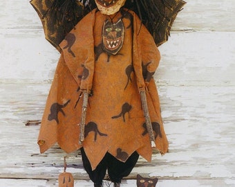 Primitive Halloween Pattern EPattern PDF Witch Doll Bat Black Cat  JOL Pumpkin Doll Paper Mache Clay Folkart Folk Art Hickety Pickety 056