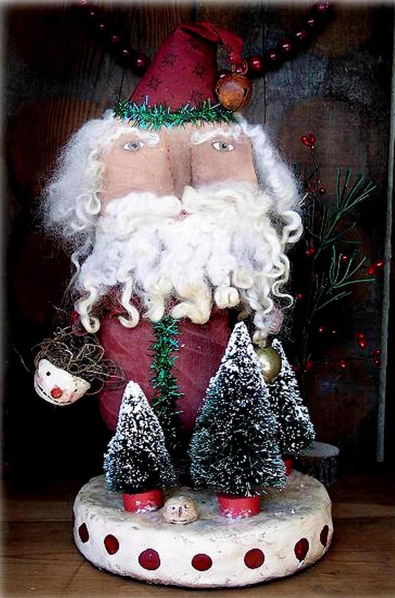 PATTERN Primitive Black Doll w// Christmas Santa Claus Hat /& Snowman Angel Ornie