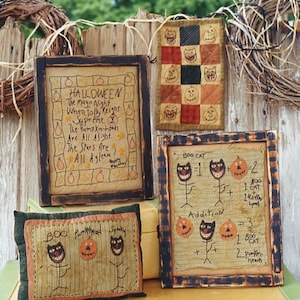 Primitive Halloween Anleitung E-Pattern PDF Schwarze Katzen Kürbis JOL Stitchery Kissen Mini Quilt von Hickety Pickety 074