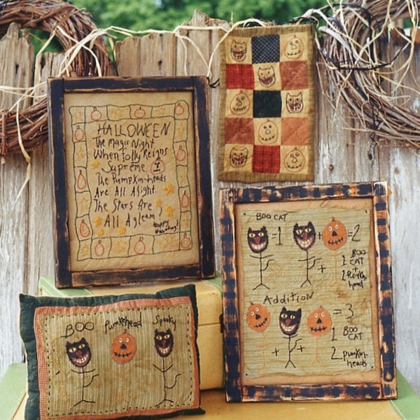 Primitive Halloween Pattern EPattern PDF Black Cats Pumpkin JOL Stitchery Pillow Mini Quilt by Hickety Pickety 074