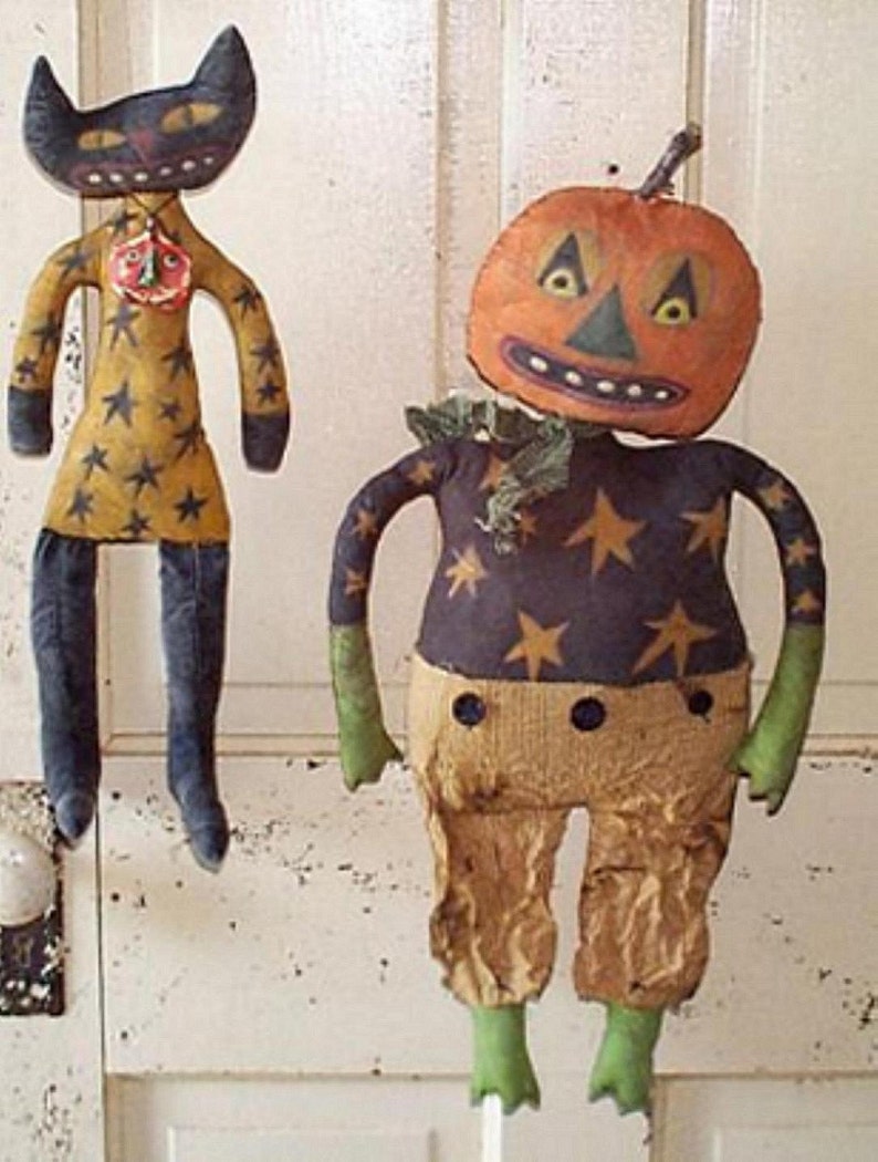 Primitive Halloween Pattern EPattern PDF Black Cat Pumpkin JOL Doll Folk Art by Hickety Pickety 100 image 1
