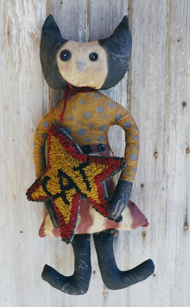 Primitive Wool Cat Pattern Primitive Cat Doll Pattern Epattern PDF Rug Hook Hooked Star Rughooking ...
