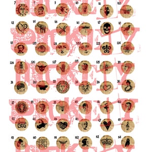 May include: Sixty cork circles with various vintage-inspired illustrations, including a skull, a dragonfly, a heart, a skeleton, a butterfly, a sun, a star, a bird, a flower, a hand, a crown, a spider, and more. The circles are arranged in a grid pattern on a pink background.