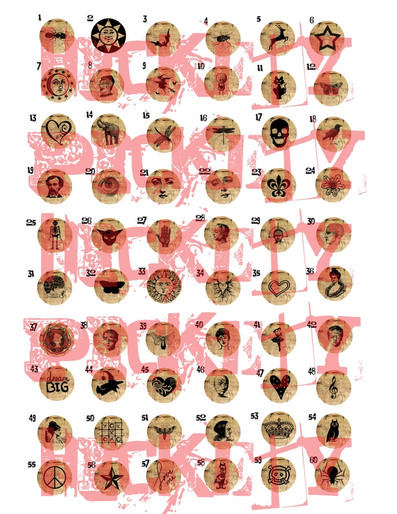 May include: Sixty cork circles with various vintage-inspired illustrations, including a skull, a dragonfly, a heart, a skeleton, a butterfly, a sun, a star, a bird, a flower, a hand, a crown, a spider, and more. The circles are arranged in a grid pattern on a pink background.