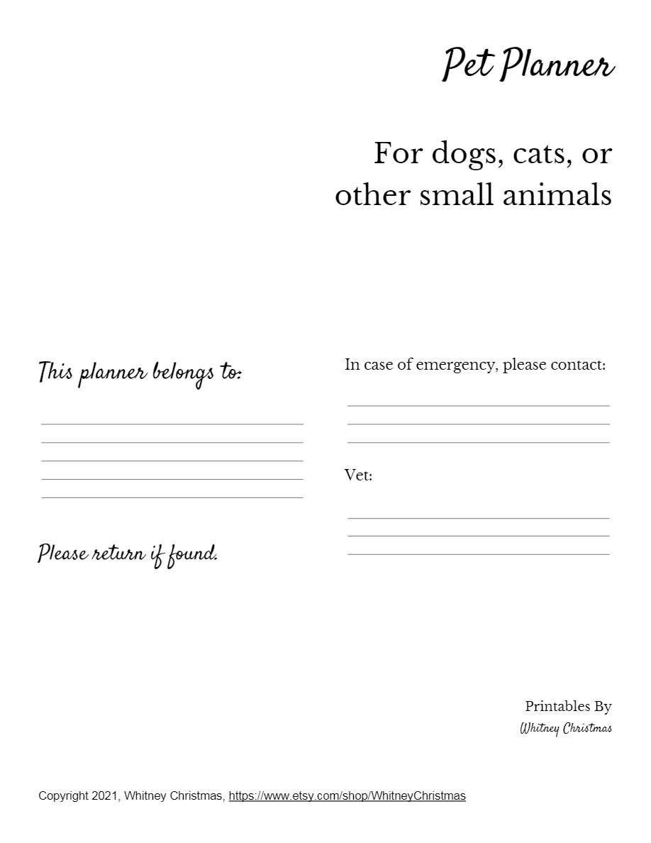 Dog planner cat pet printable planner pages pdf for tracking etsy