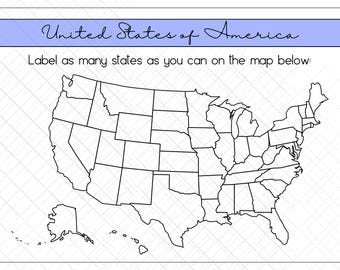 May include: A black and white outline map of the United States of America with state borders. The text "United States of America" and "Label as many states as you can on the map below:" is at the top of the image.