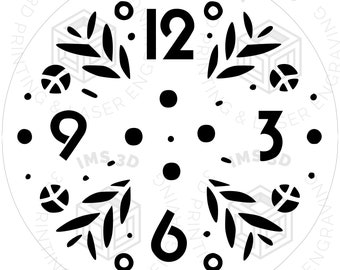May include: Black and white clock face with Roman numeral markings for the hours. The clock face is surrounded by a decorative border of leaves and circles.