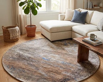 Quick ship hand knotted 6x6 modern rug, Round handmade wool bamboo silk rug, Abstract gray beige living room, dining area, Entryway carpet