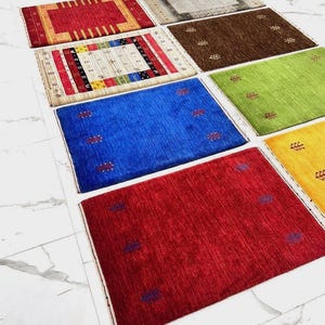 Quick ship! 2x3 ft Colorful yellow, green, blue, brown Gabbeh Rug -Hand-Knotted Wool- Modern Tribal Bath Mats or Entryway Rug/Gift-Simi Rug