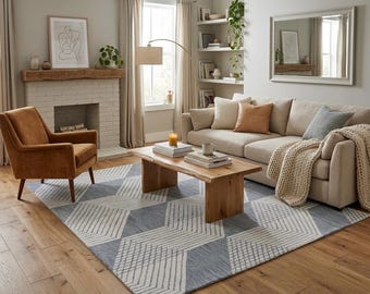 Hand Tufted 5X8  8X10 9X12  Grey Ivory wool  geometric modern rug for living room, bedroom and dining room