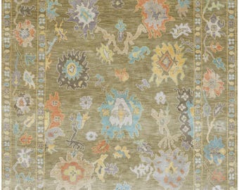 Hand-Knotted Oushak Style Wool Rug – Moss Green Floral Design carpet for living room