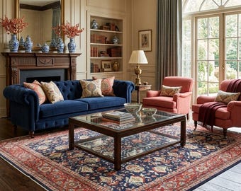 May include: A living room with a navy blue tufted sofa, two coral armchairs, and a dark wood coffee table with a glass top. A patterned rug in navy, red, and cream covers the floor. A fireplace with decorative vases and a large mirror complete the scene.