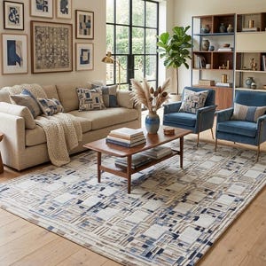 May include: A living room scene featuring a beige sofa with patterned pillows and a cream-colored throw. Two blue armchairs flank a wooden coffee table. A large rug with a geometric pattern in blue, beige, and brown tones covers the floor. Artwork hangs on the wall.