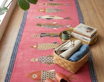 Hand-Knotted Pink Koi Fish Wool Runner - Custom Size Modern Hallway Rug, Whimsical Coastal Kitchen Runner, Nursery Rug,  Boho Bedside Rug