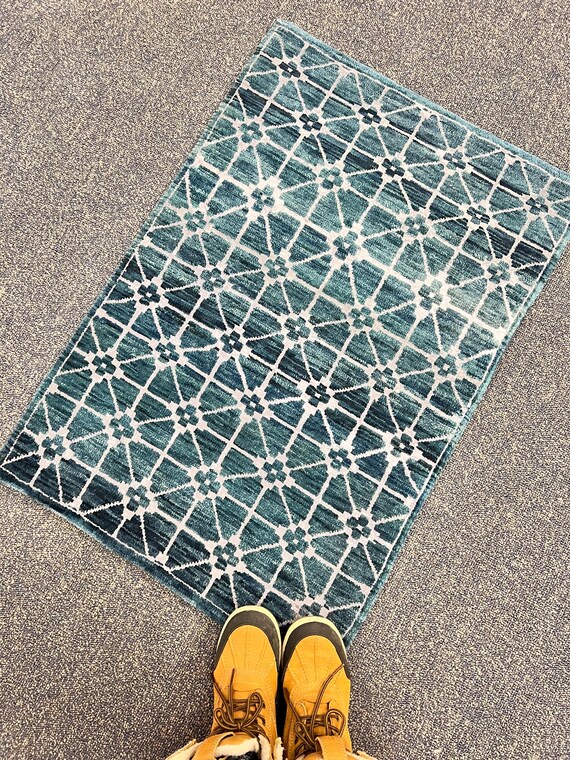 2x3 Hand knotted Wool & Silk Blend Rug, Teal Geometric Accent Mat, Small Modern Entryway handmade Rug Bedroom Area Rug
